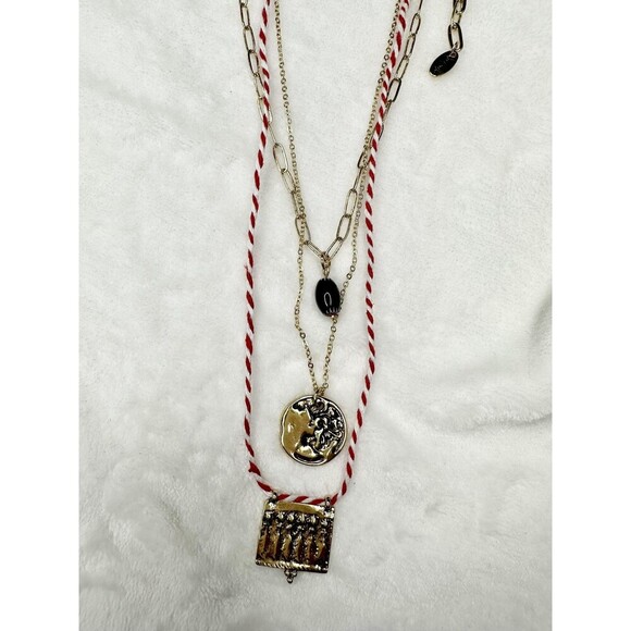 NEW Free People Lenker Layered Necklace In Red Braided Gold Charm Bohemian Chain - Picture 2 of 5